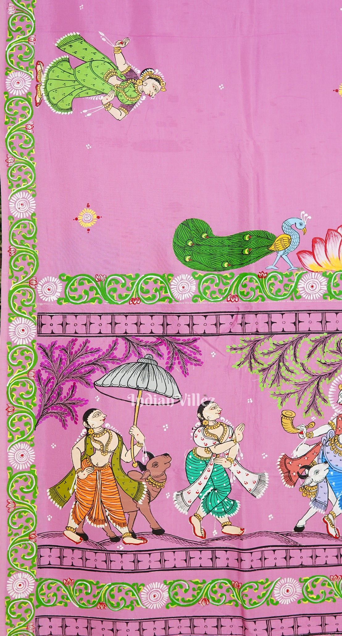 Pink Krishna Rasa Leela Theme Pattachitra Silk Saree