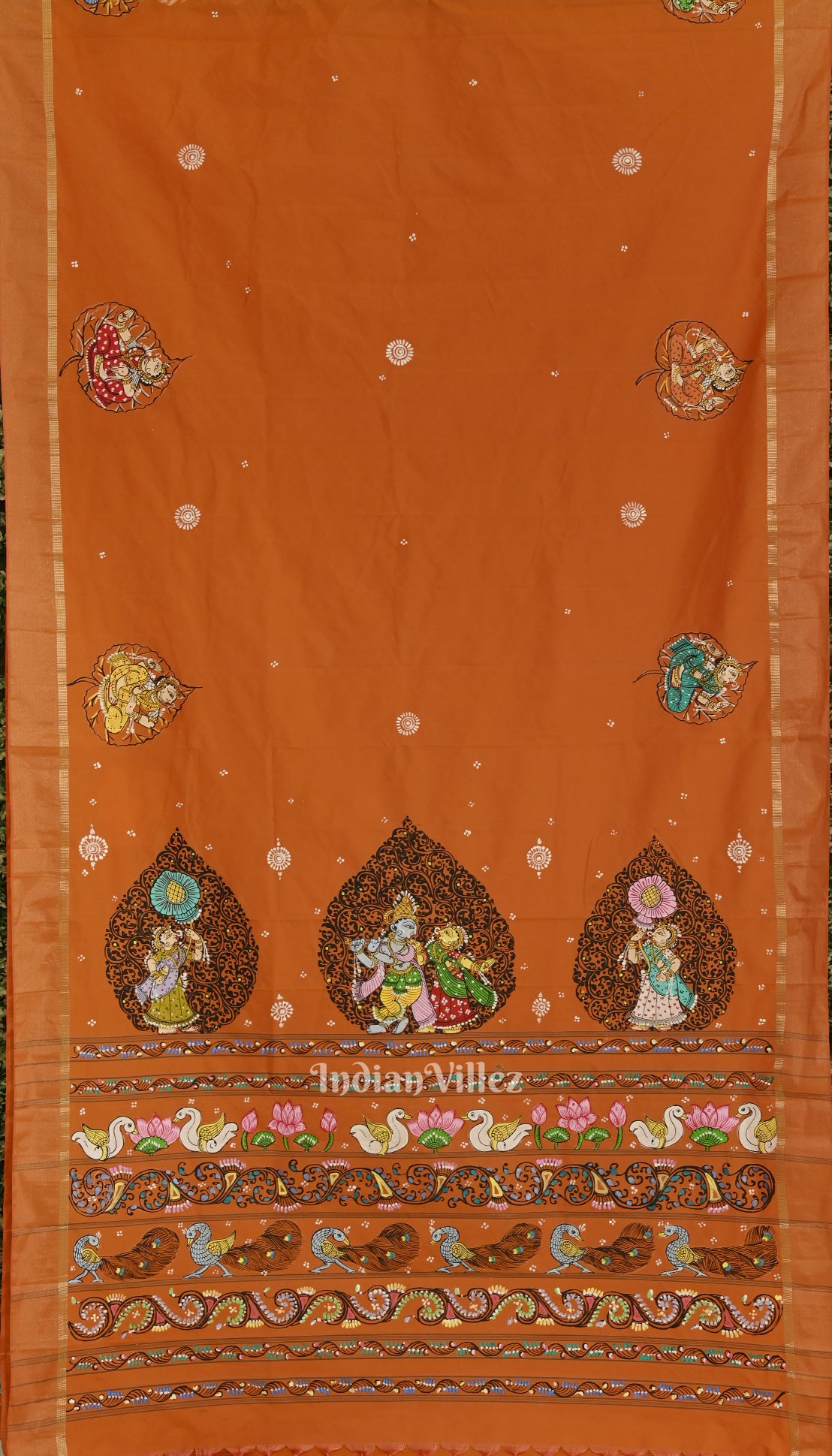 Bright Orange Radha Krishna Nartaki Theme Hand-Painted Pattachitra Saree