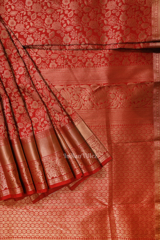 Cherry Red pure Kanjivaram Silk Saree with  Zari Brocade