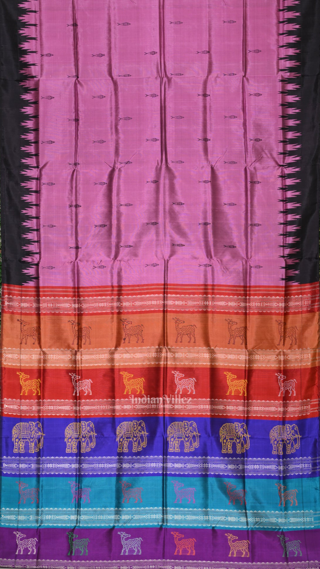 Onion Pink Black with Fish Motif Double Pallu Berhampuri Silk Saree