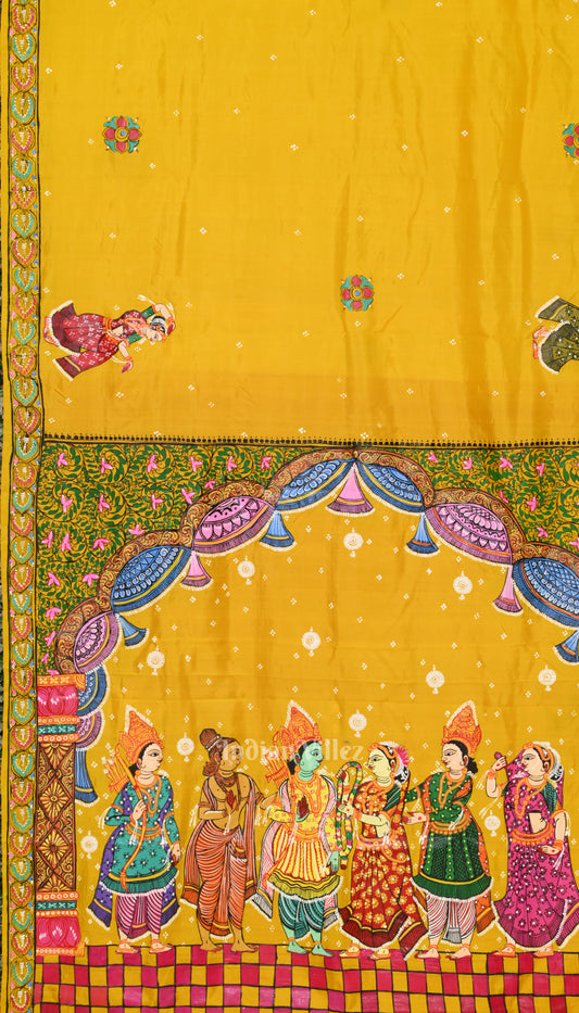 Yellow Radha Krishna Theme Hand-Painted Pattachitra Saree