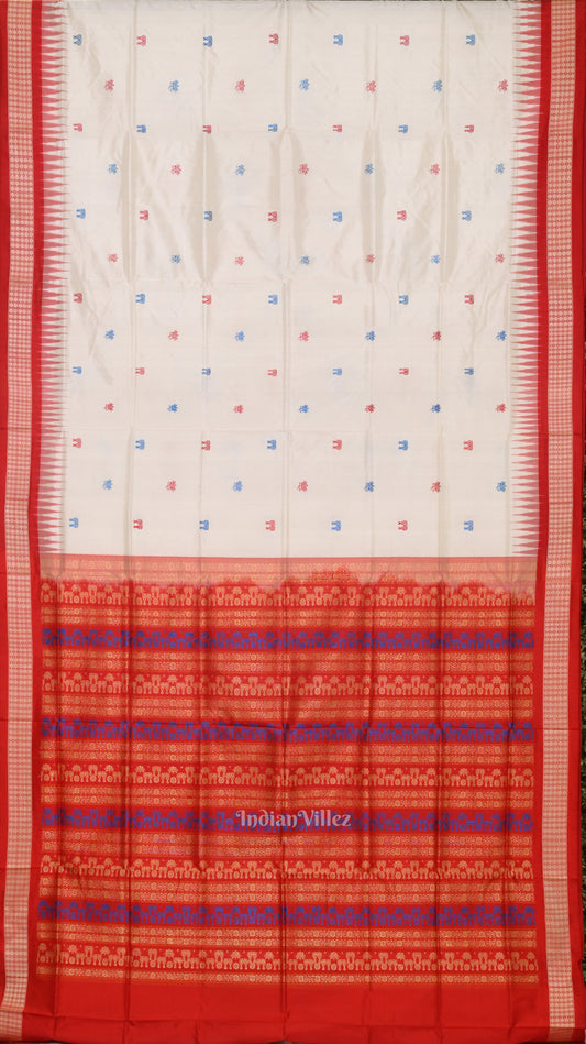 White Red Laxmi Pada Jhoti Design Bomkai  Sambalpuri Silk Saree 