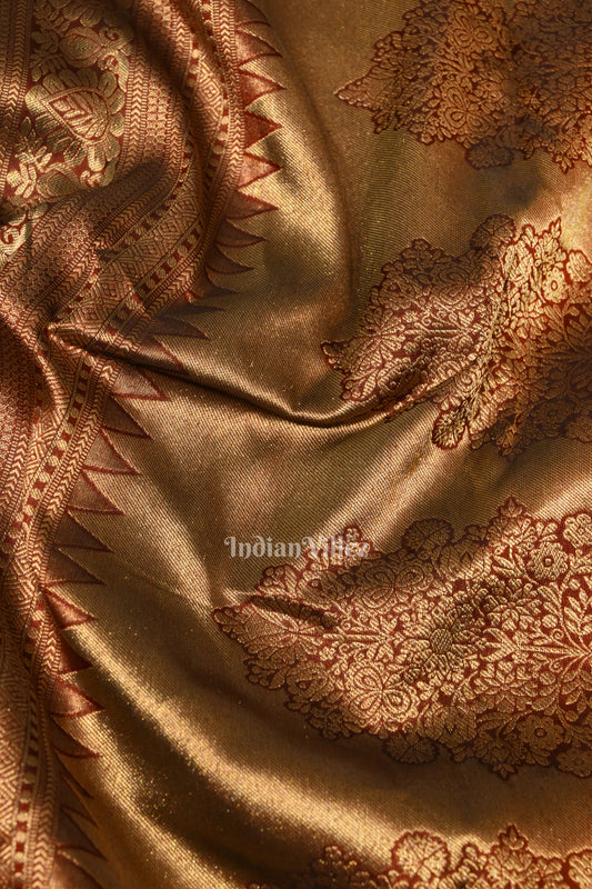 Dark Maroon Pure Brocade with Golden Broder  Bridal Kanjivaram Silk Saree 