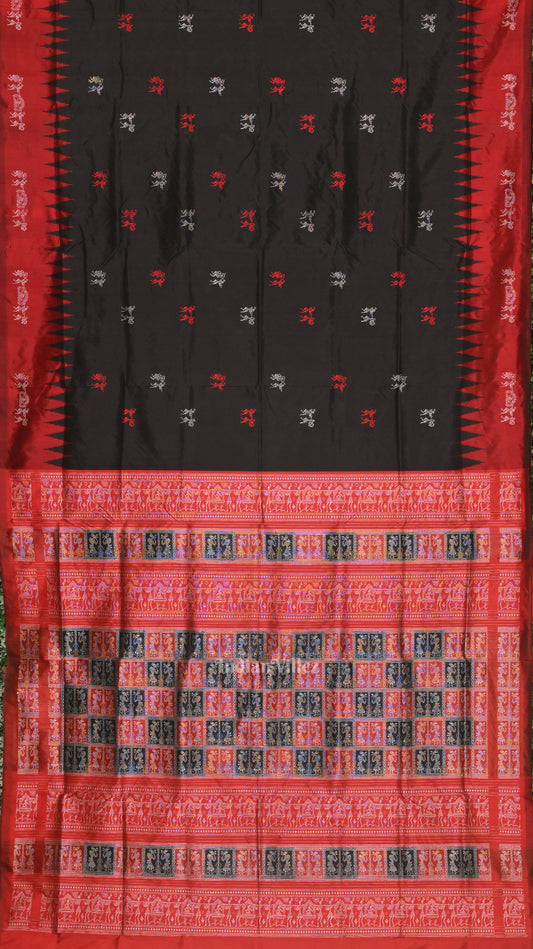 Dark Black Red Tribal Theme Bomkai Sambalpuri Silk saree