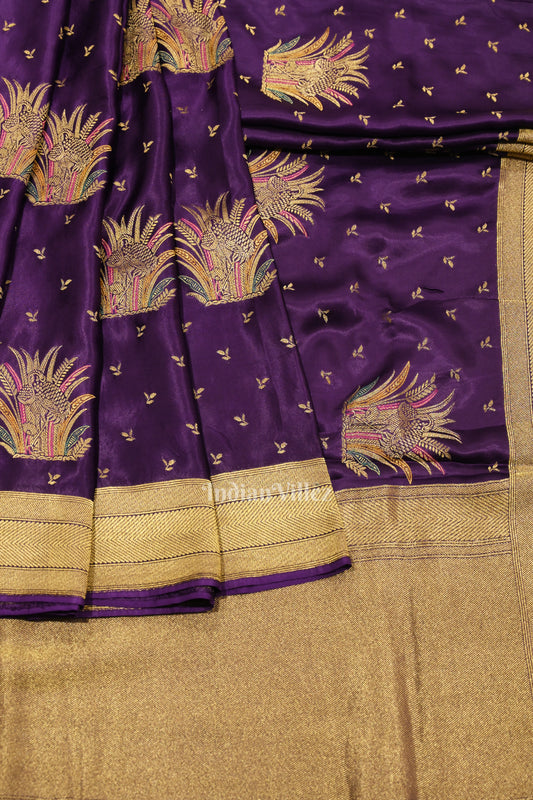 Violet with Golden Border Mashru Satin Silk Banarasi Saree