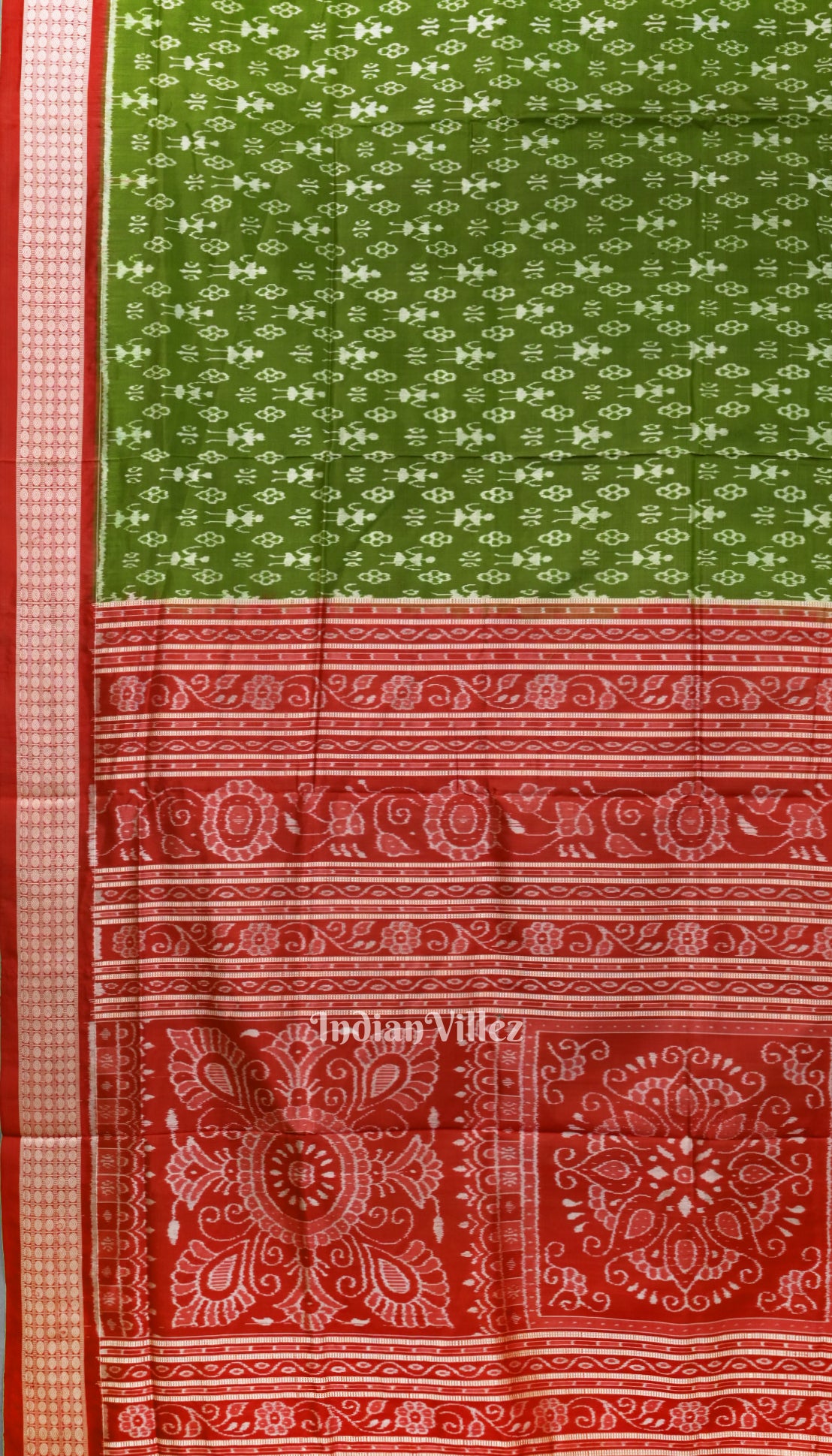 Dark Green With Red Anchal Tribal Theme Sambalpuri Silk Saree