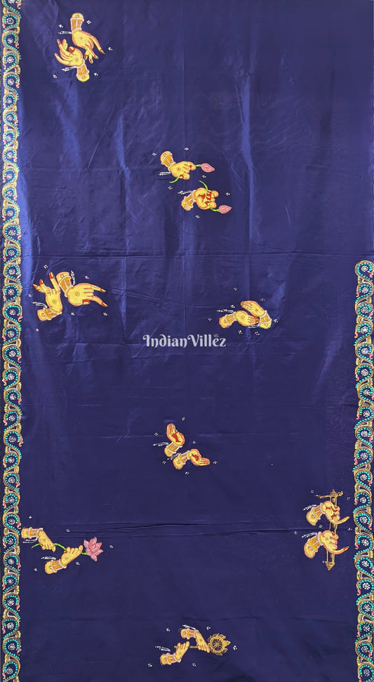 Dark Blue Arjuna Bows to Navagunjara Hand-Painted Pattachitra Saree