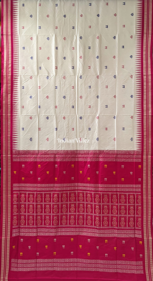 White Maroon Laxmi Pada & Mushroom Motif Sambalpuri Bomkai Silk Saree