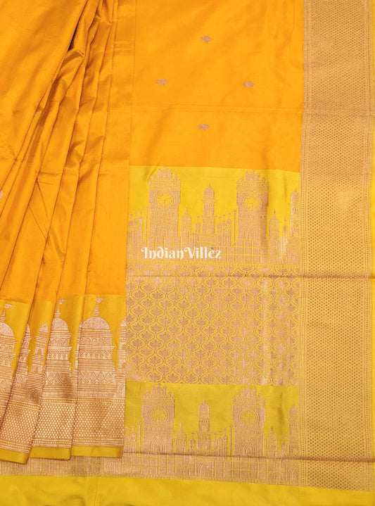 Yellow Banarasi Katan Silk Saree Inspired by Big Ben, London & United States Capitol, Washington DC