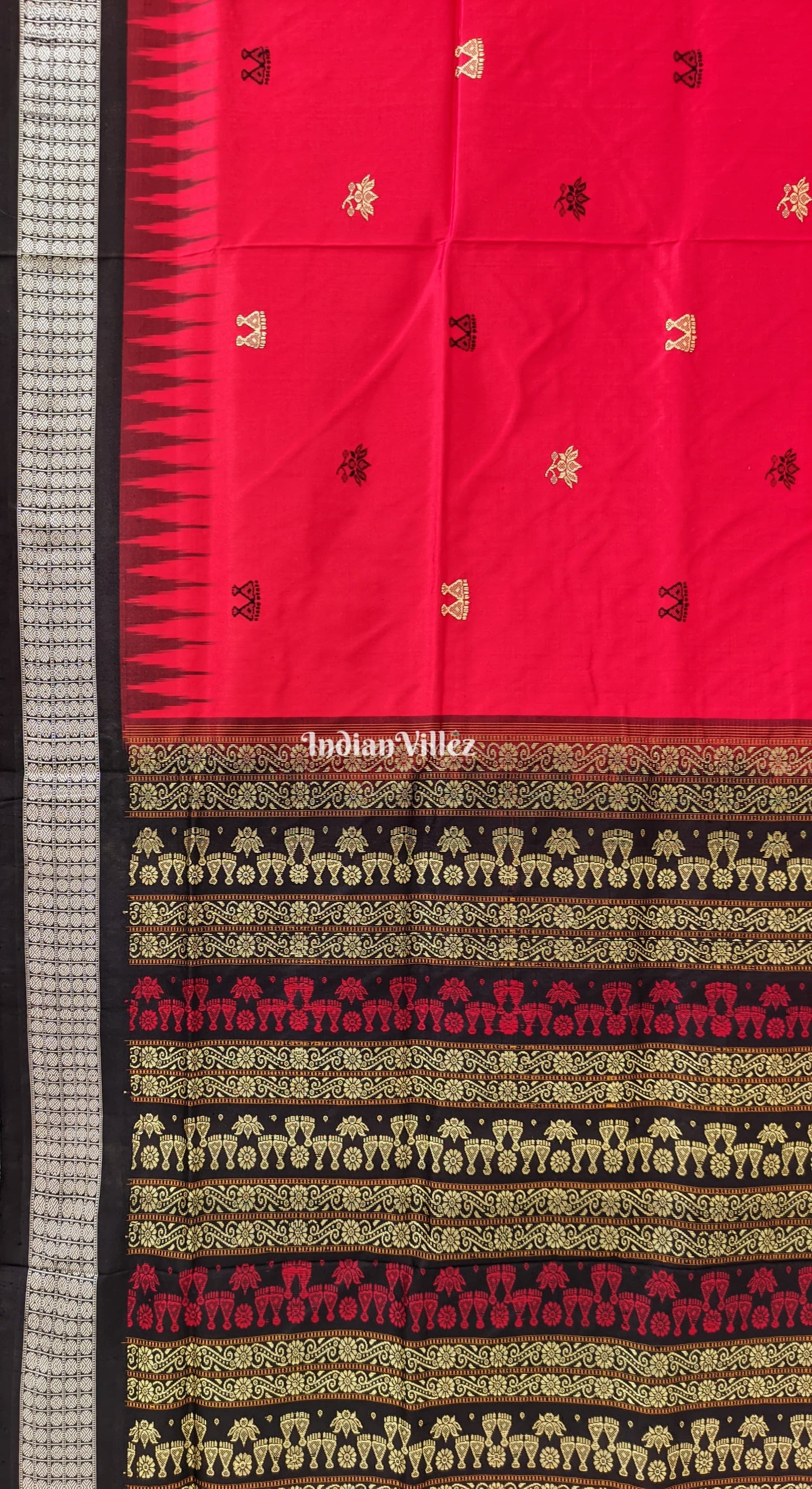 Red Laxmi Pada Lotus Sambalpuri Ikat Bomkai Silk Saree