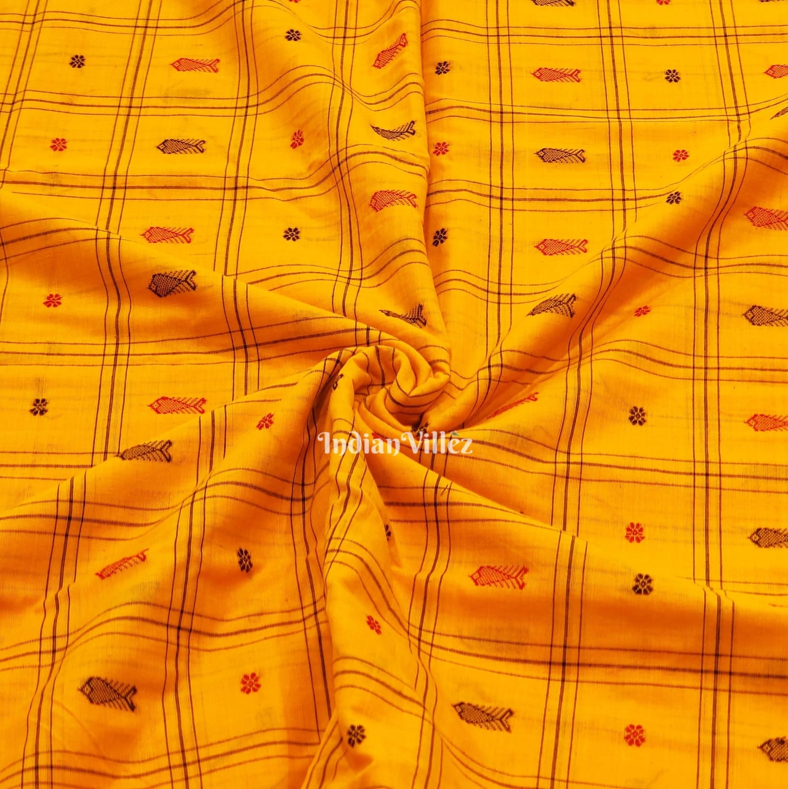 Yellow Fish & Flower Motif Odisha Ikat Bomkai Cotton Fabric