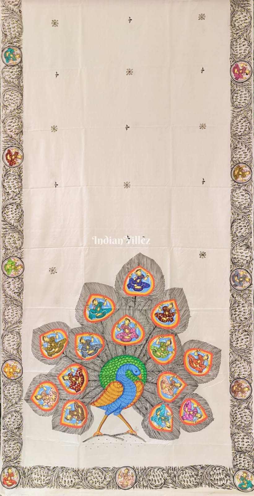 White PEACOCK (Mayur) & Nartaki Theme Pattachitra Silk Saree