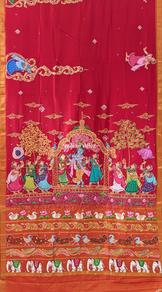 Radha Krishna Pattachitra on Pure Kanjivaram Silk Saree