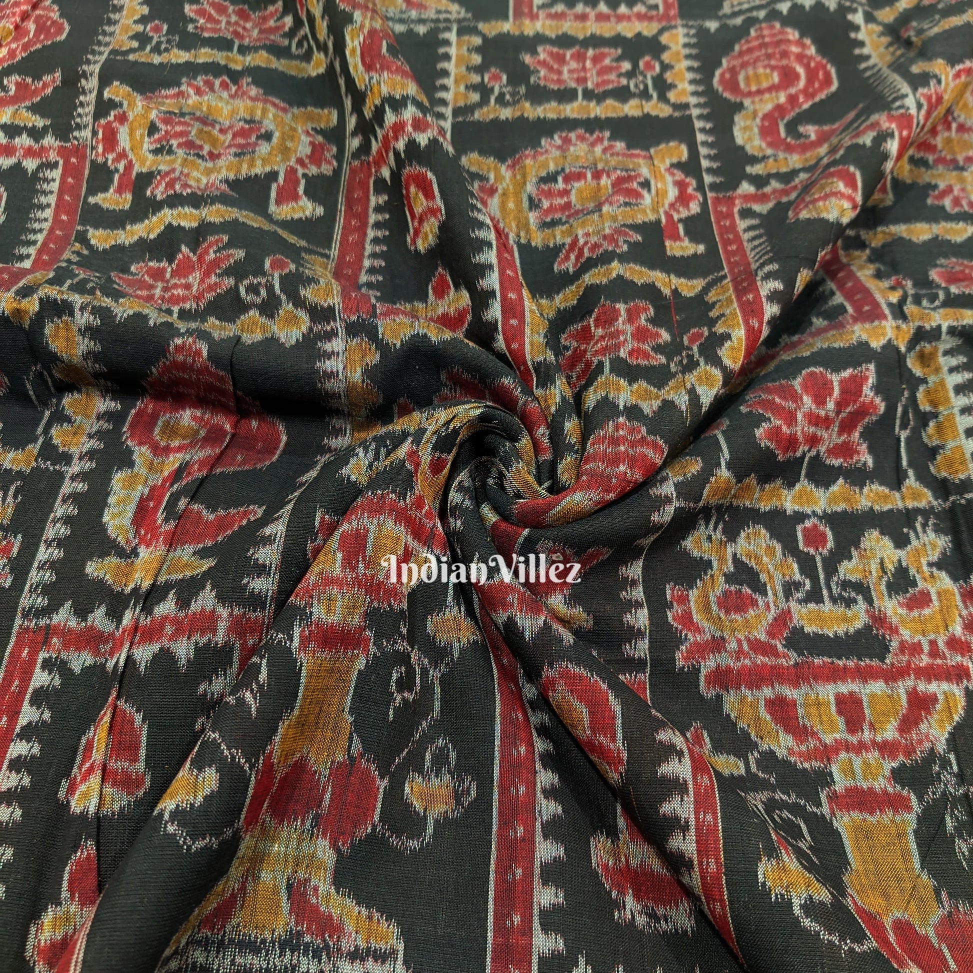 Black Lotus & Sankha Sambalpuri Ikat Cotton Fabric