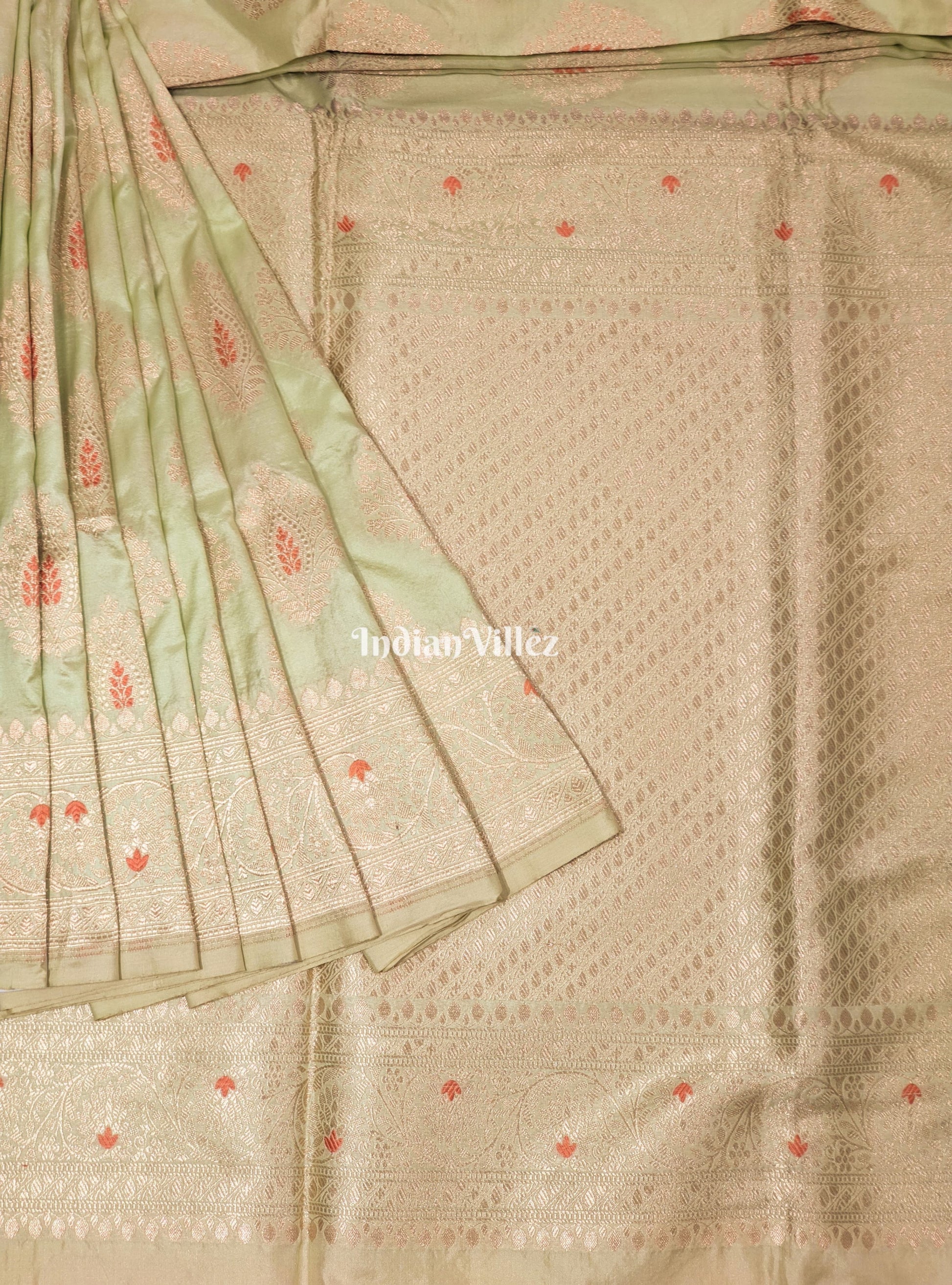 Beige Floral Motif Designer Meenakari Banarasi Silk Saree