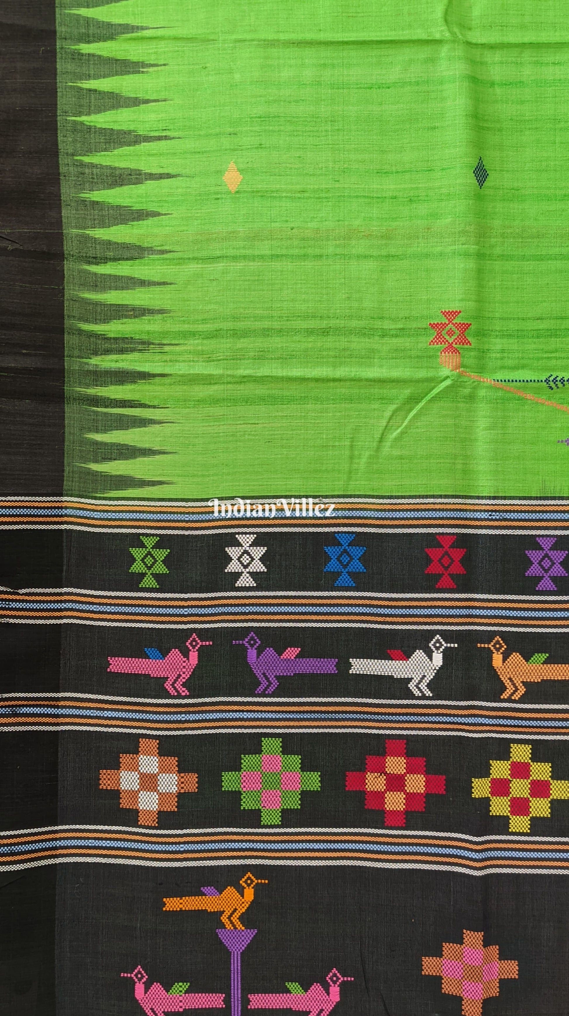 Parrot Green Ganjam Bomkai Theme Gopalpur Tussar Silk Saree