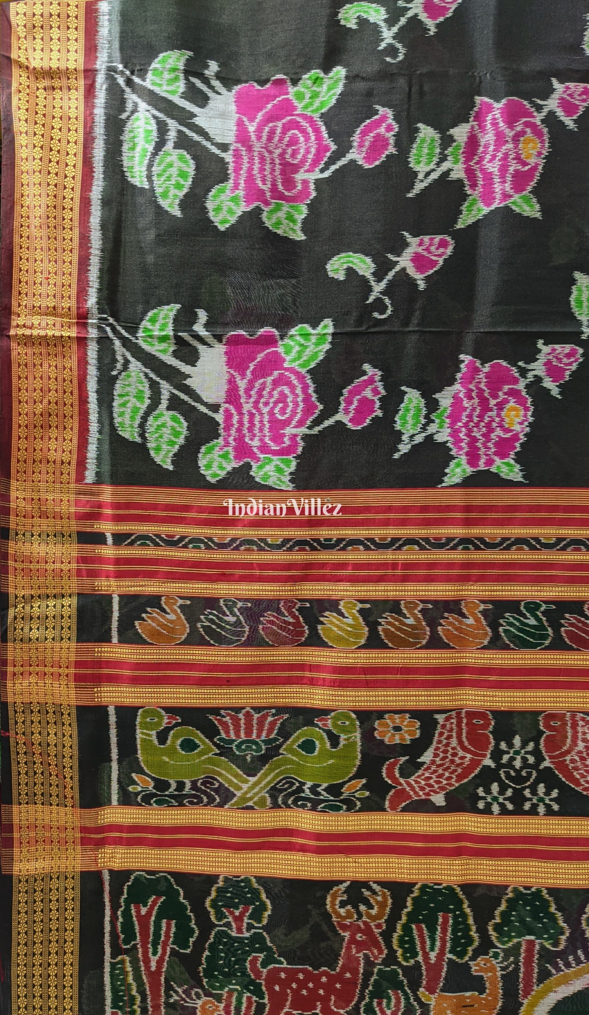 Black Rose Flower Theme Khandua Silk Saree