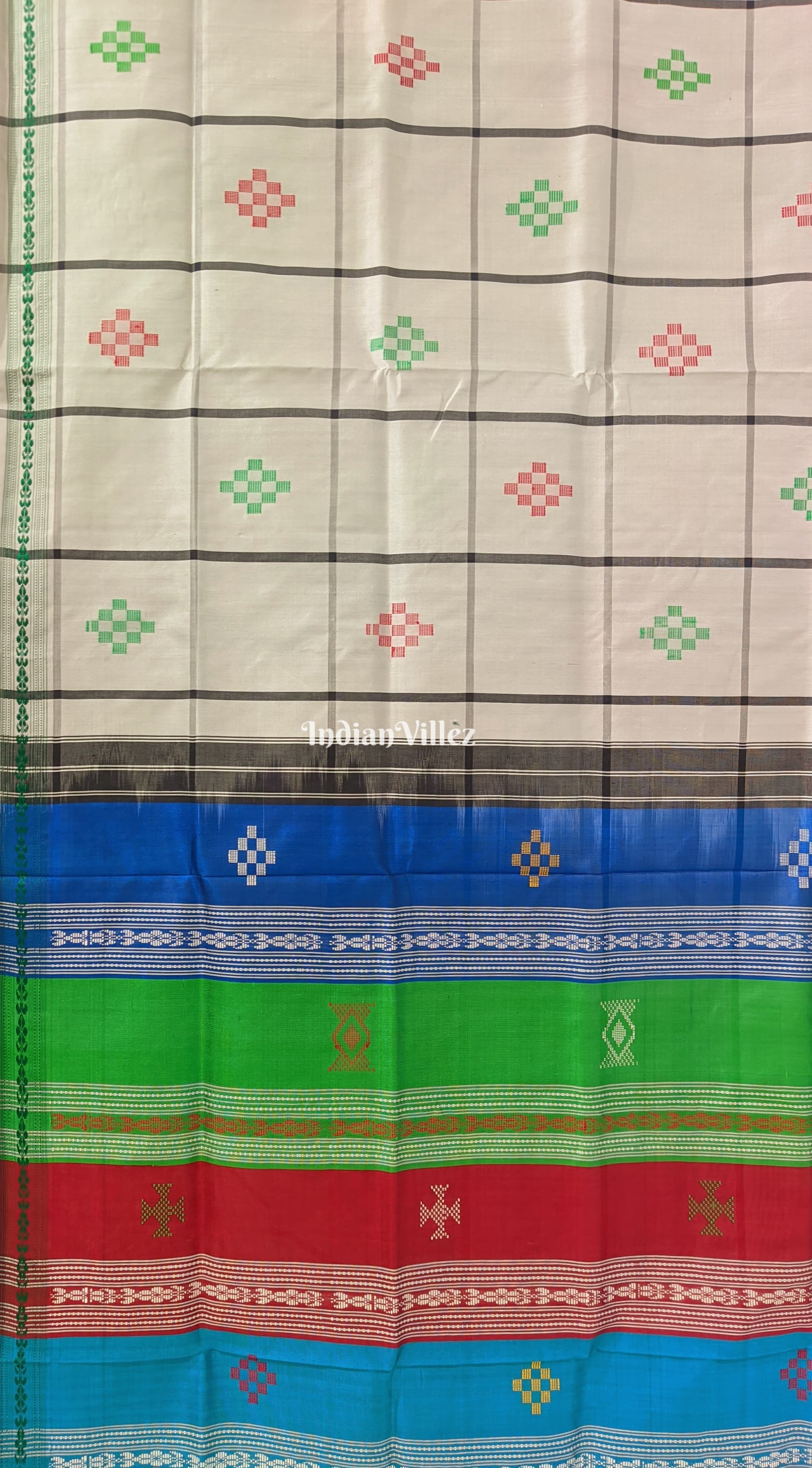 White Grey Double Pallu Pasapali Theme Berhampuri Silk Saree