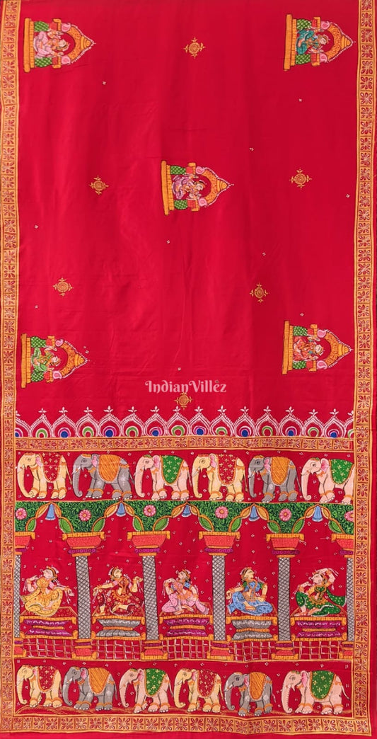 Red Elephant Nartaki Pattachitra Pure Silk Saree (Pre Order)