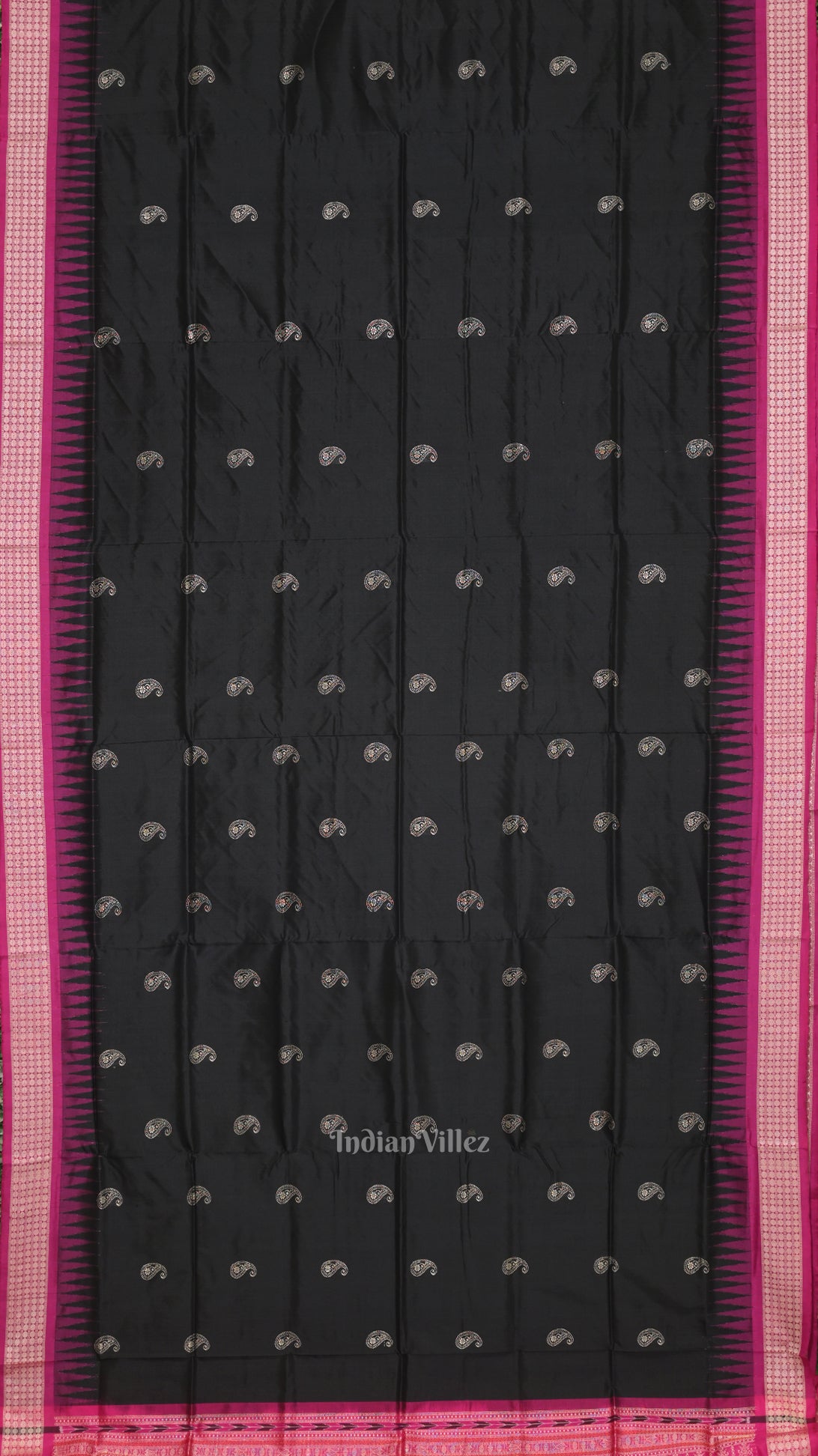 Dark Black Rani Pink Mango with Butta Design Bomkai Sambalpuri Silk Saree 