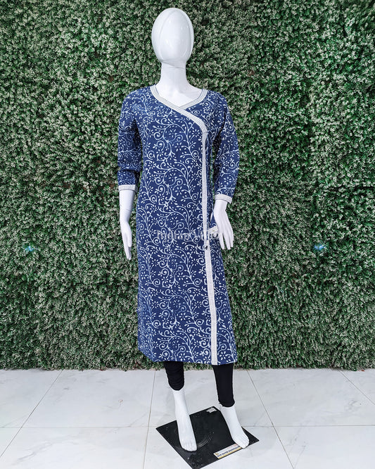 Navy Blue Block Printed Cotton Kurti for Women