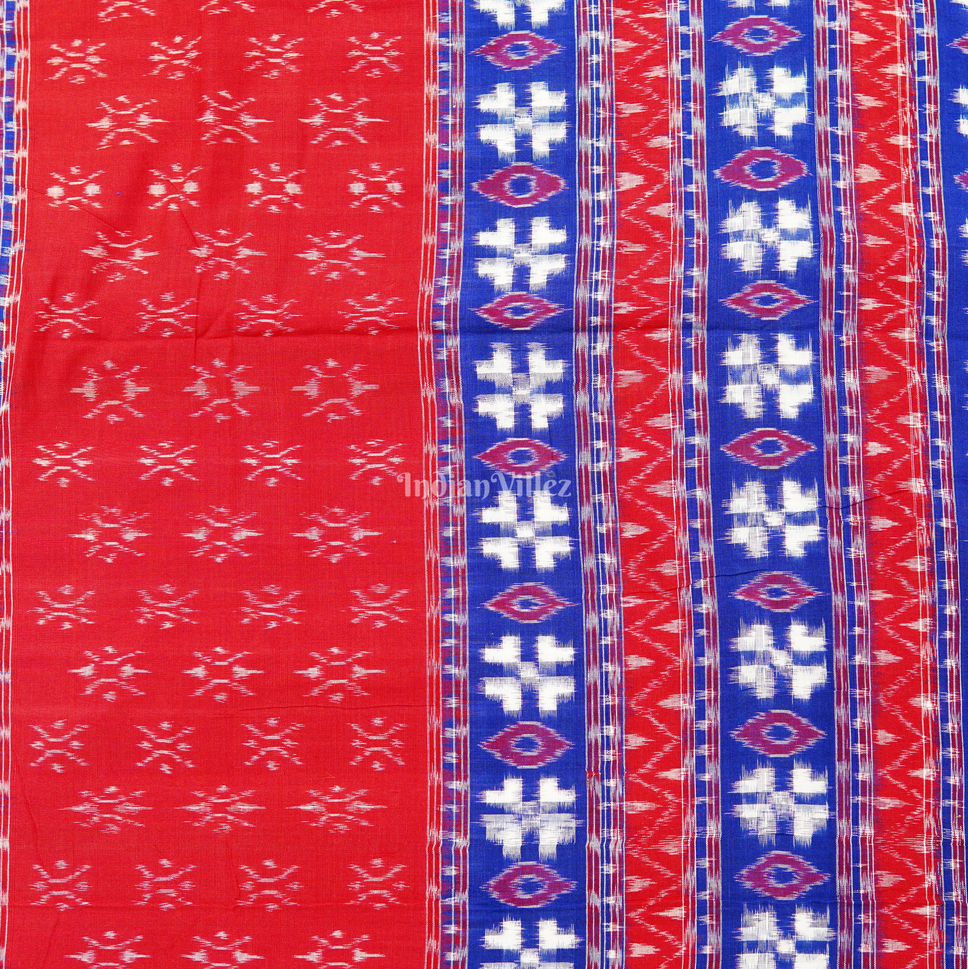 Red With Blue Pasapalli & Devil Eye Design Sambalpuri Cotton Ikat Handloom Fabric