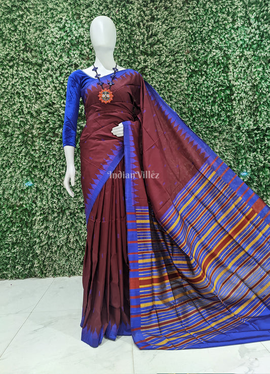 Dark Wine With Blue Kumbha Sambalpuri Ikat Tussar Silk Saree