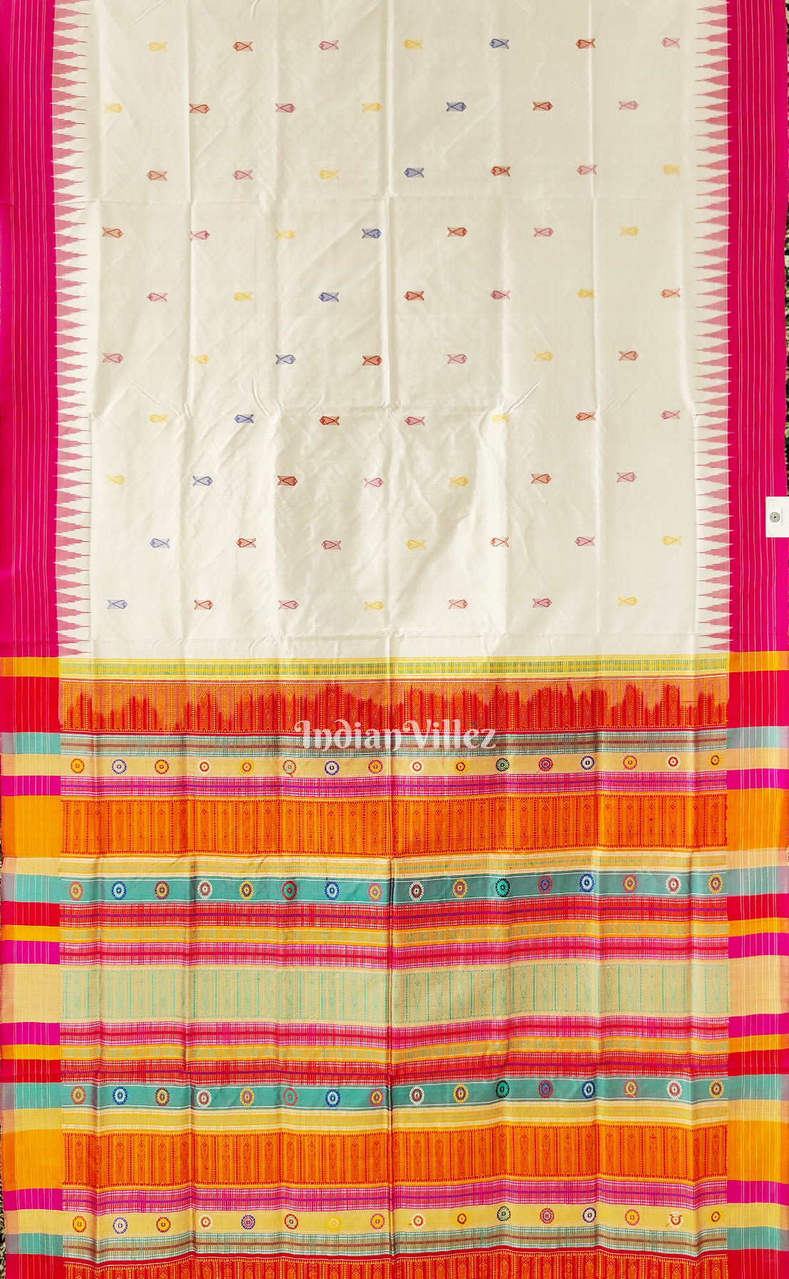 White Fish Motif  Berhampuri Silk Patta Saree with Double Pallu