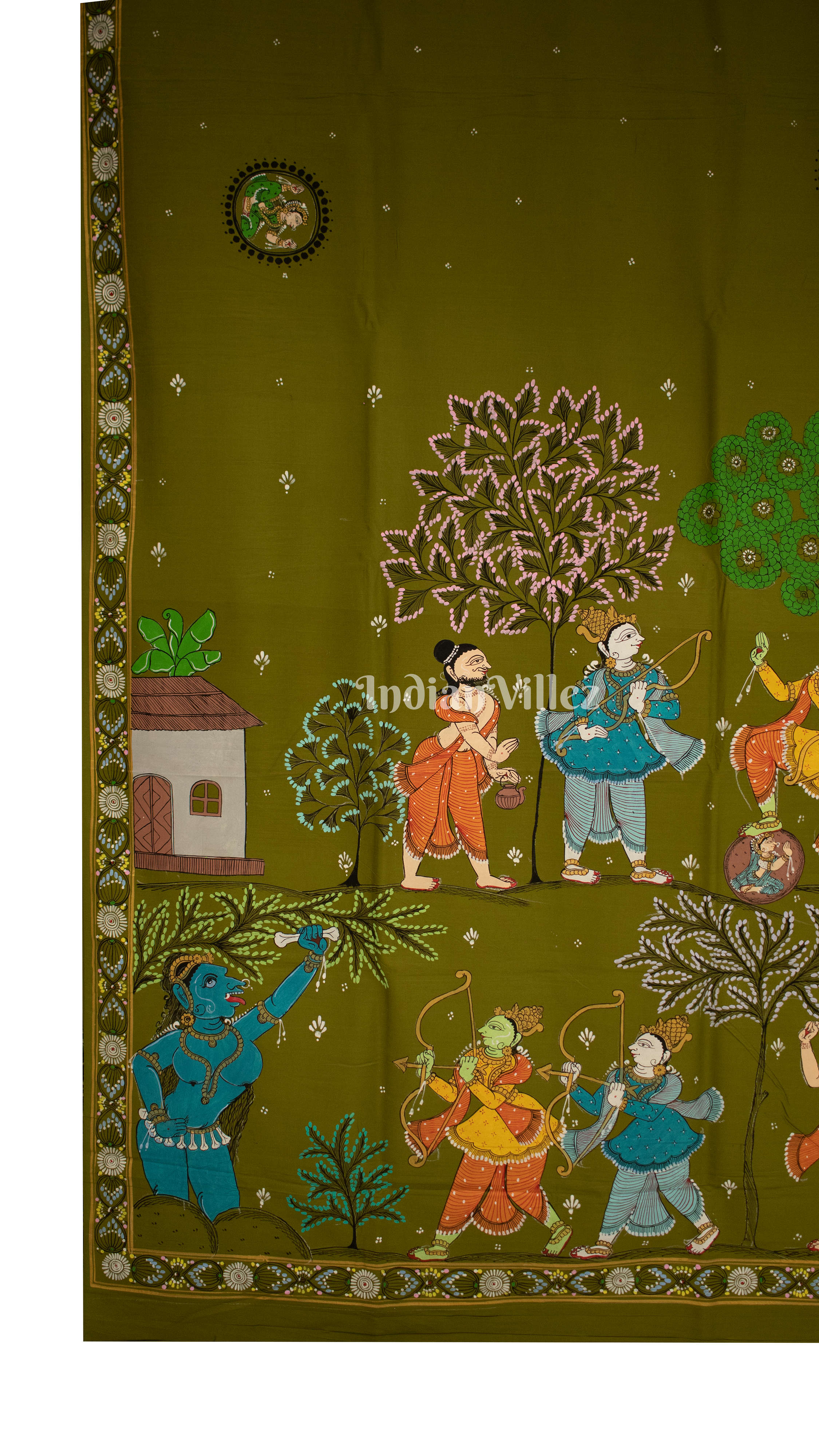 Mehndi Green Ramayana Theme Pattachitra Silk Saree (Pre Order)