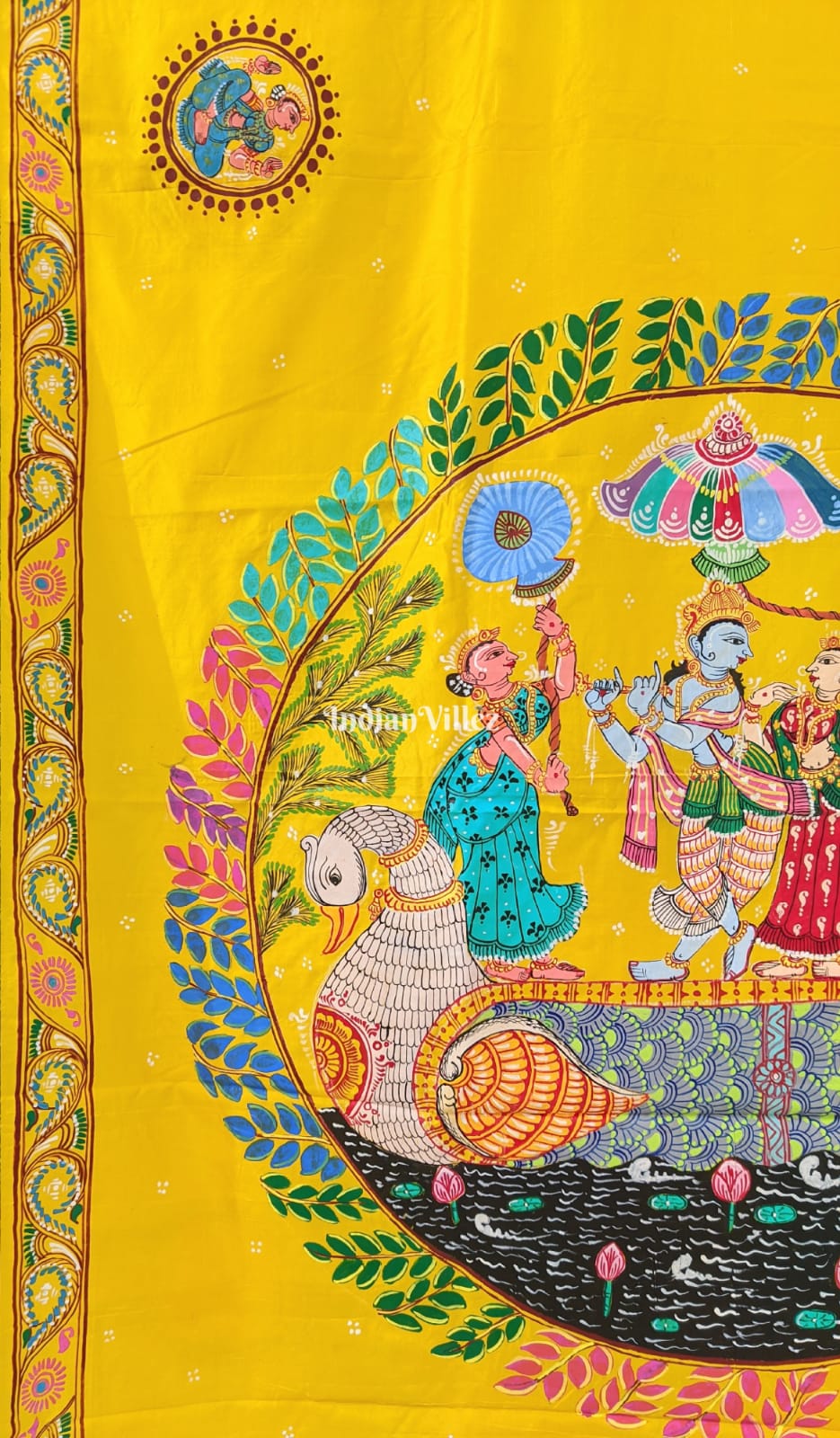 Yellow Krishna Rasa Leela Pattachitra Silk Saree