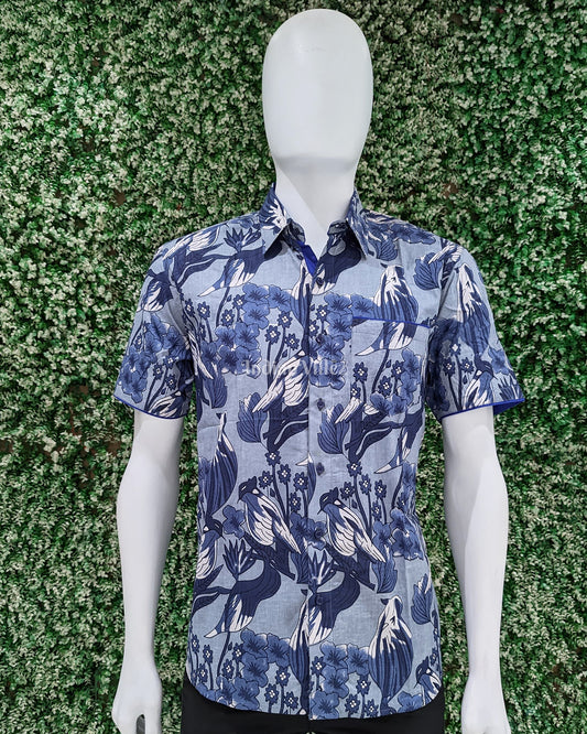 Sky Blue Bird Design Block Printed Half Sleeve Shirt for Men