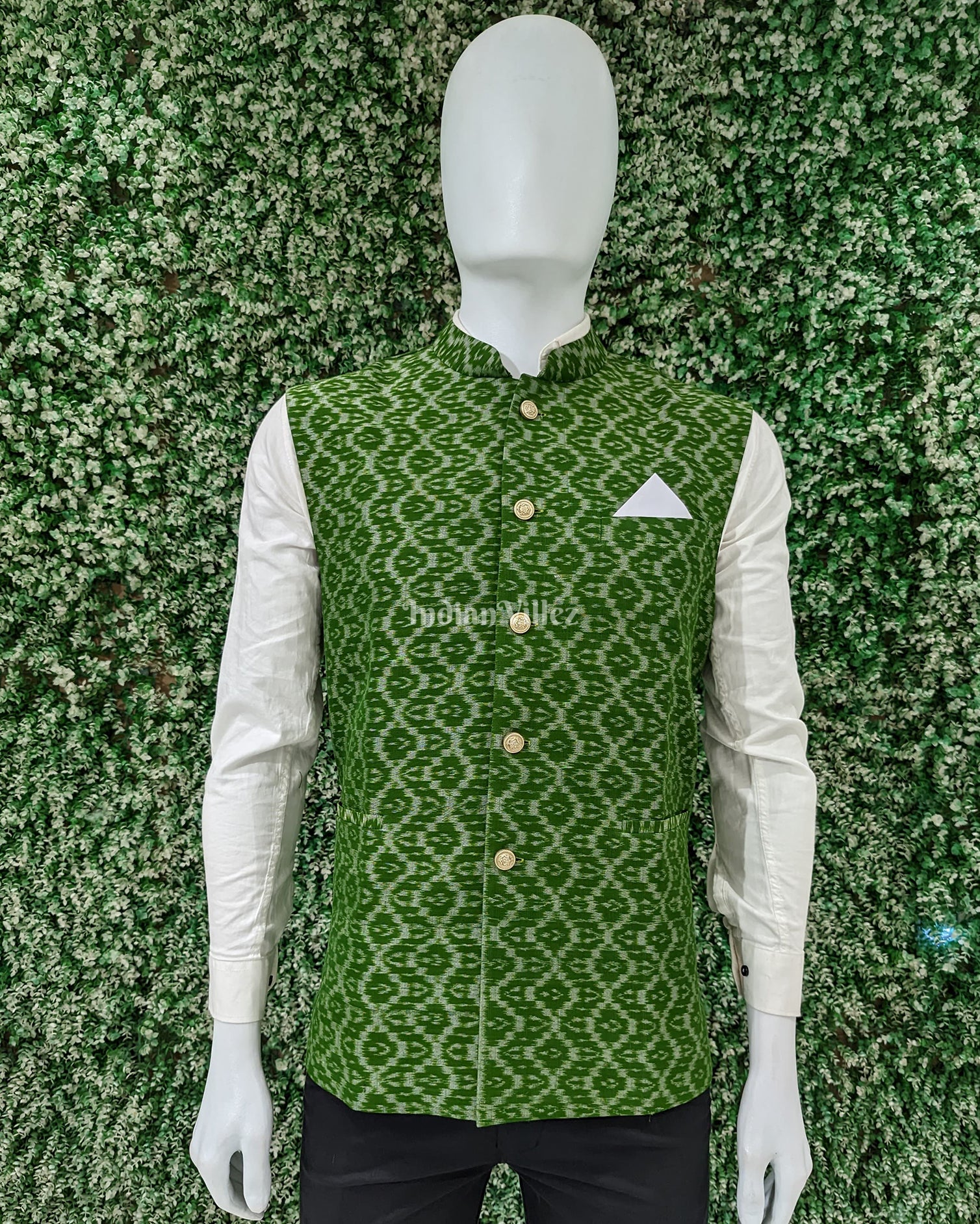 Green Odisha Ikat Cotton Half Bandi Jacket for Men