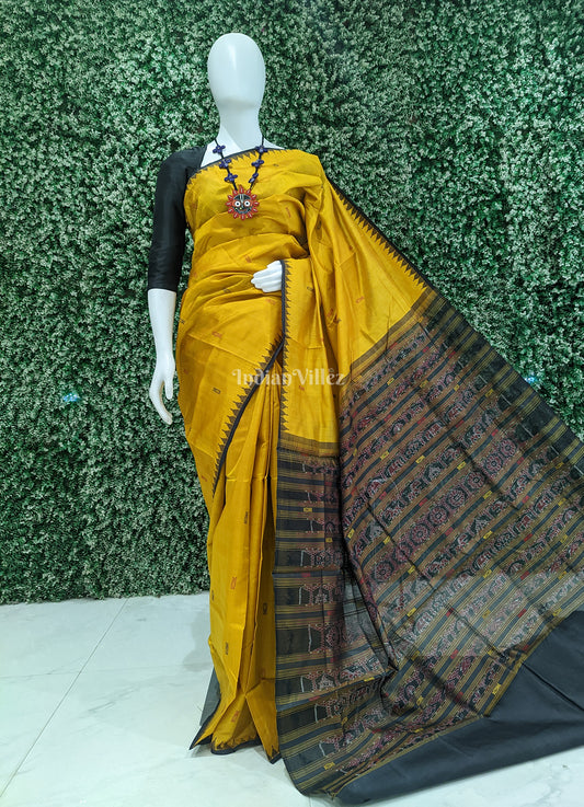 Yellow with Brown Kumbha Tussar Bomkai Sambalpuri Silk Saree