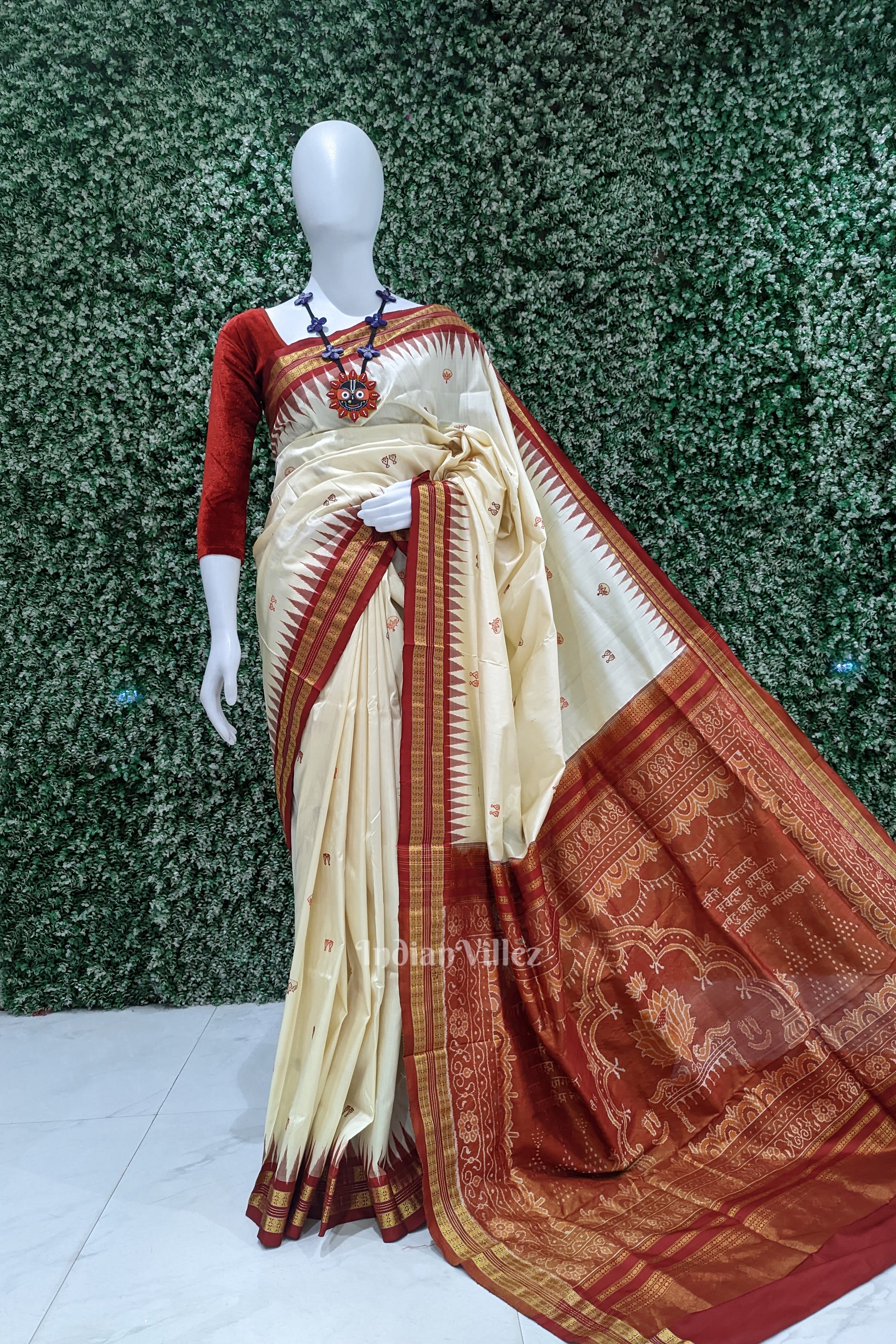 Cream Red Mahalaxmi Mantra Tissue Sambalpuri Bomkai Saree