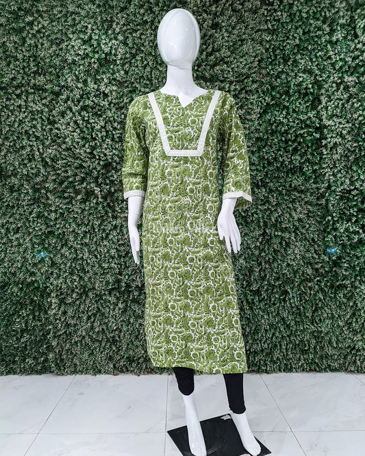 Green Cotton Block Printed Kurti for Women