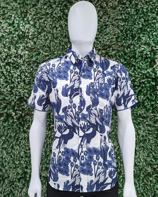 Sky Blue Bird Design Block Printed Half Sleeve Shirt for Men