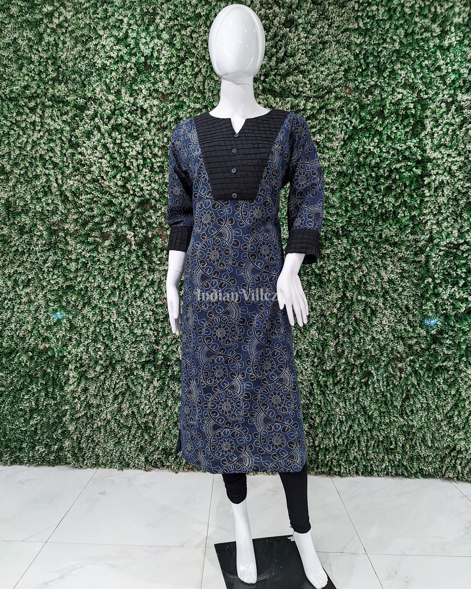 Navy Blue Cotton Block Printed Kurti for Women