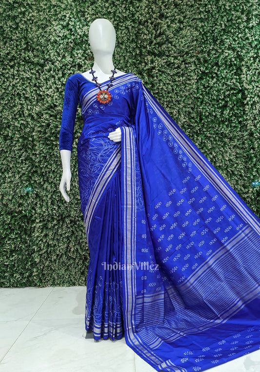 Royal Blue Silver Rose Theme Contemporary Silk Saree