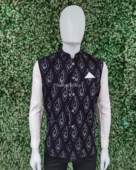 Black Odisha Ikat Cotton Half Bandi Jacket for Men