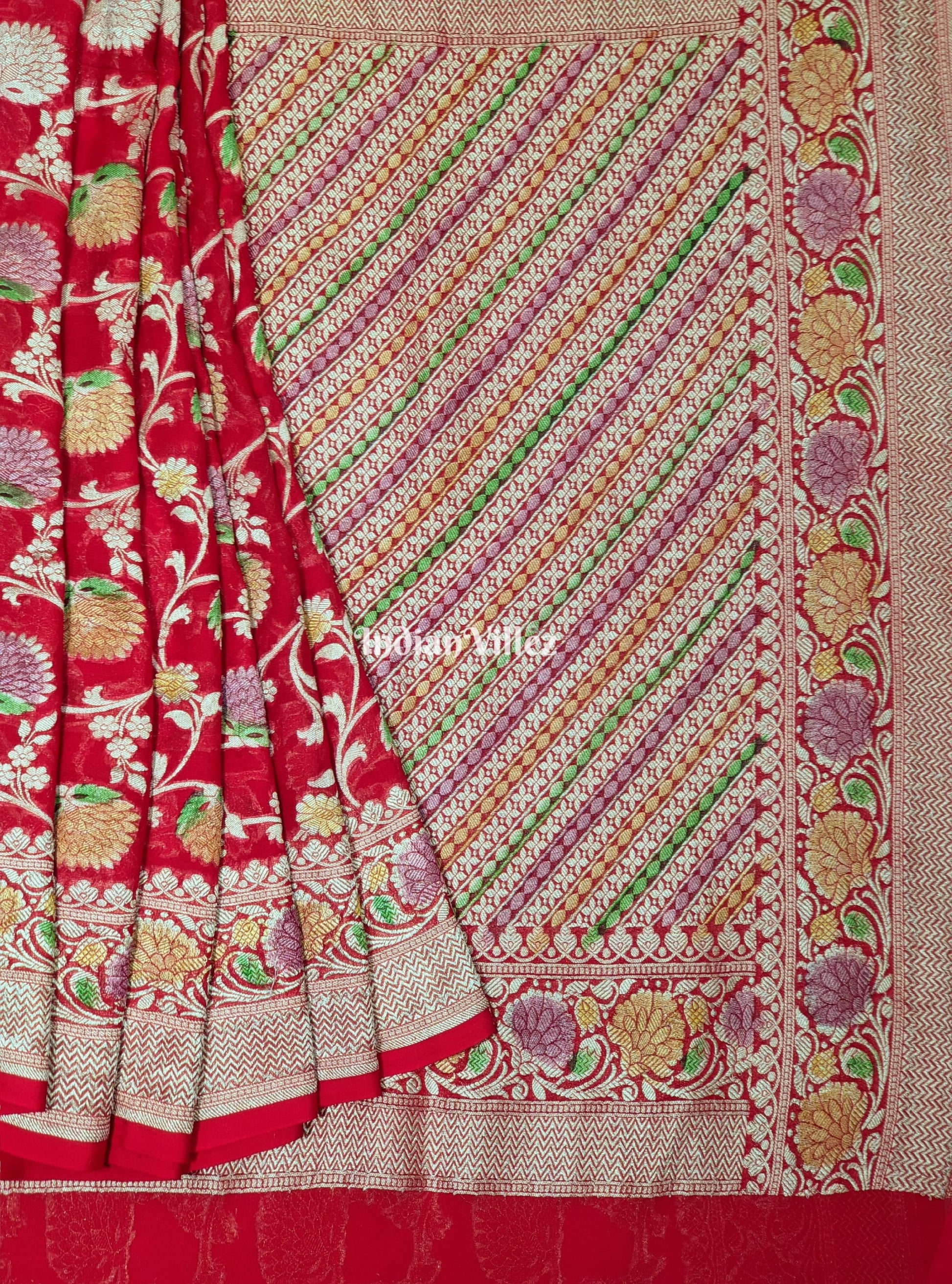 Red Flower Design Banarasi Khaddi Georgette Saree