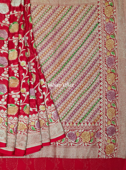 Red Flower Design Banarasi Khaddi Georgette Saree