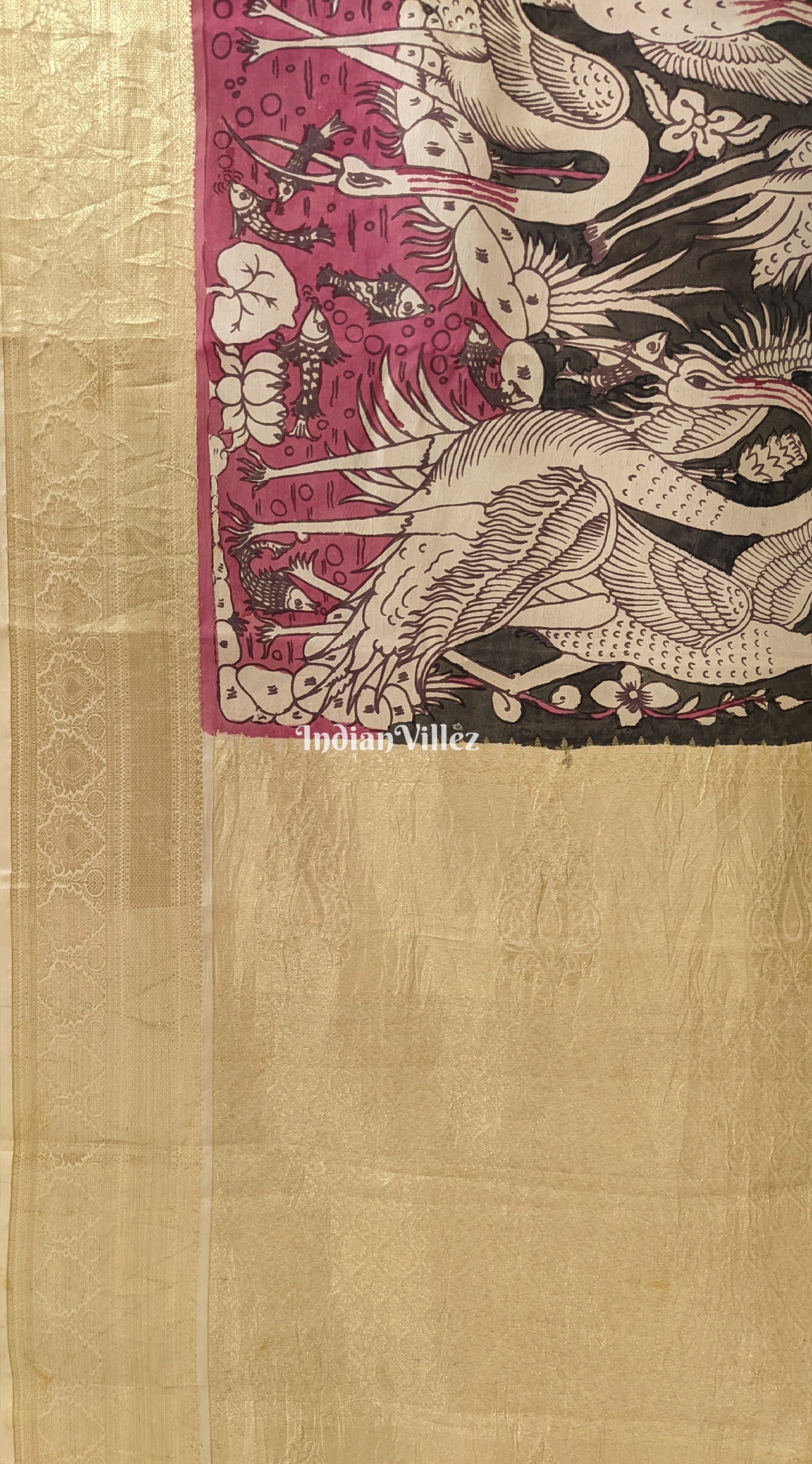 Multicolour Hand-Painted Kanjivaram Silk Kalamkari Saree