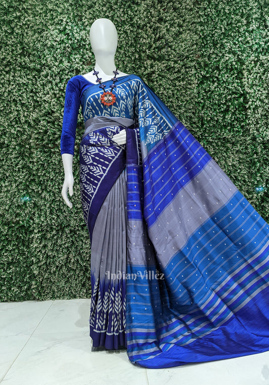 Cement Gray with Indigo Odisha Ikat Contemporary Silk Saree