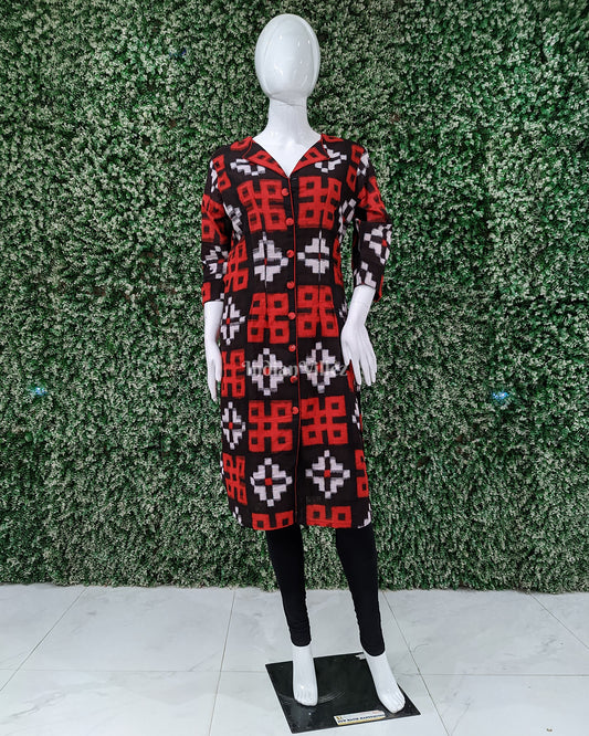 Red Black Sambalpuri Odisha Ikat Designer Cotton Kurti for Women