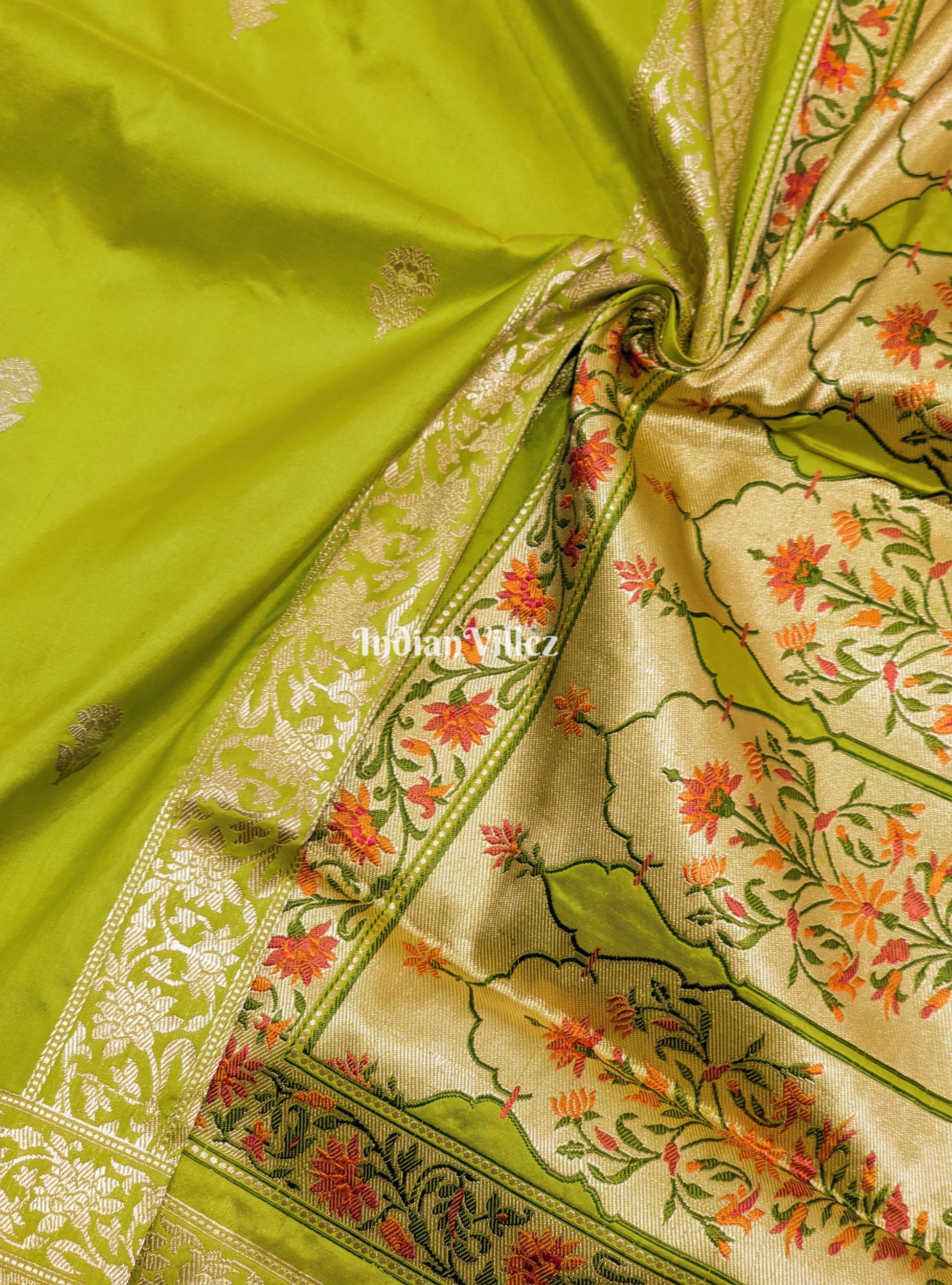 Lime Green Designer Banarasi Katan Silk Saree