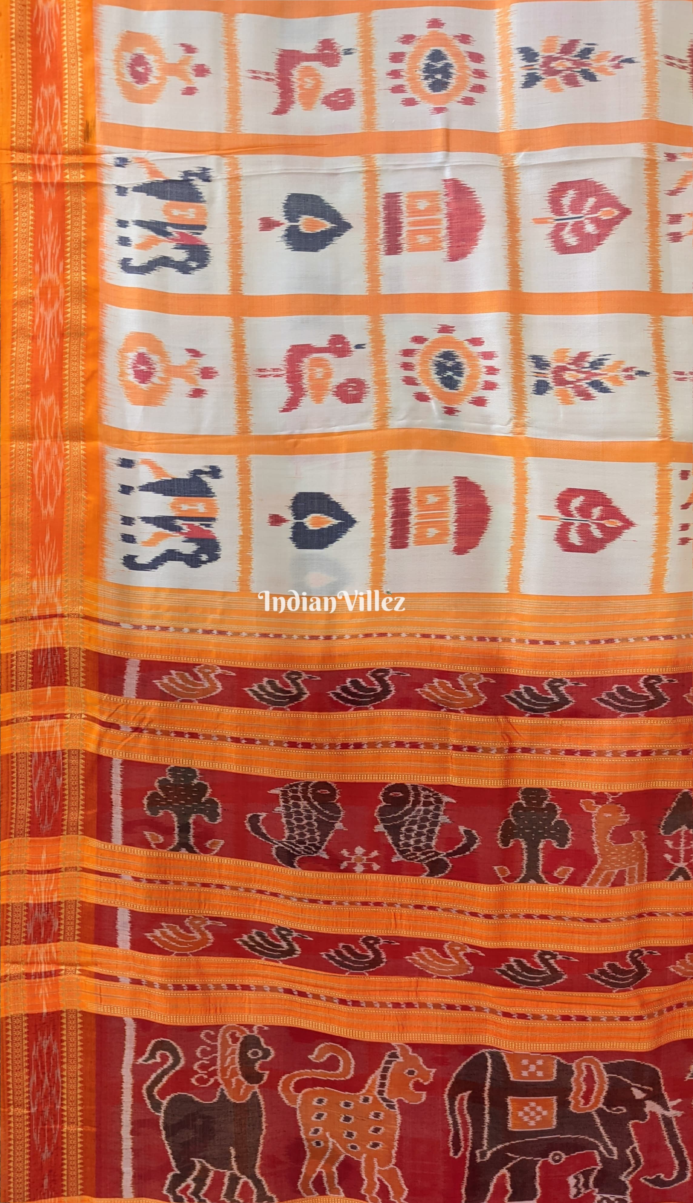 White Yellow Nabakothi Khandua Silk Saree with Animal Anchal