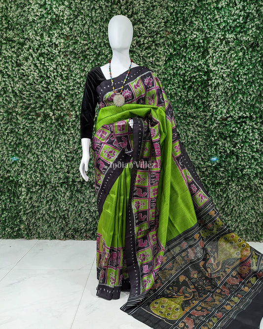 Parrot Green Contemporary Border Nabakothi Silk Saree