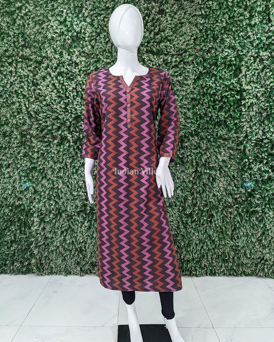 Brown Cotton Block Printed Kurti for Women