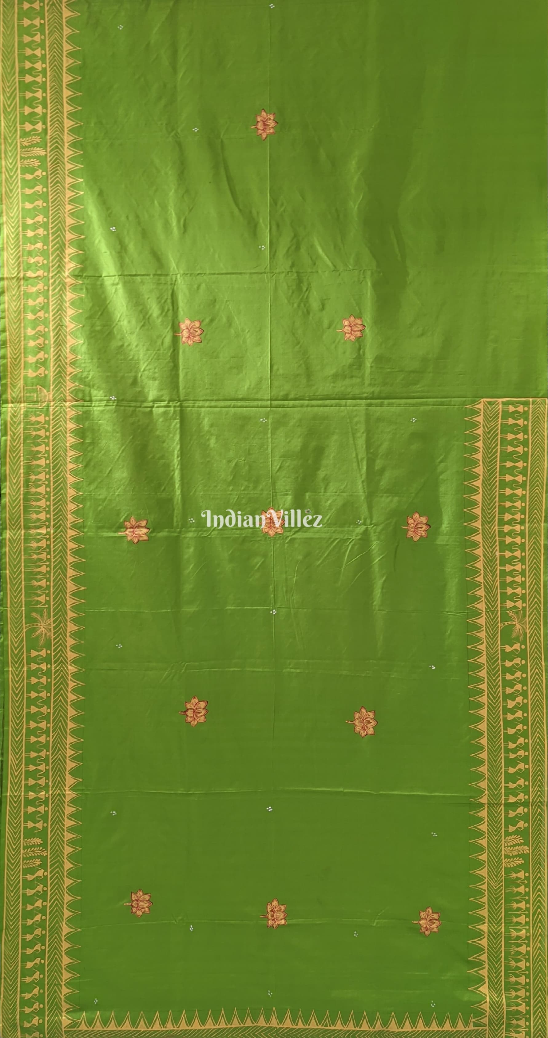 Parrot Green Arjuna Bows to Navagunjara Pure Pattachitra Silk Saree