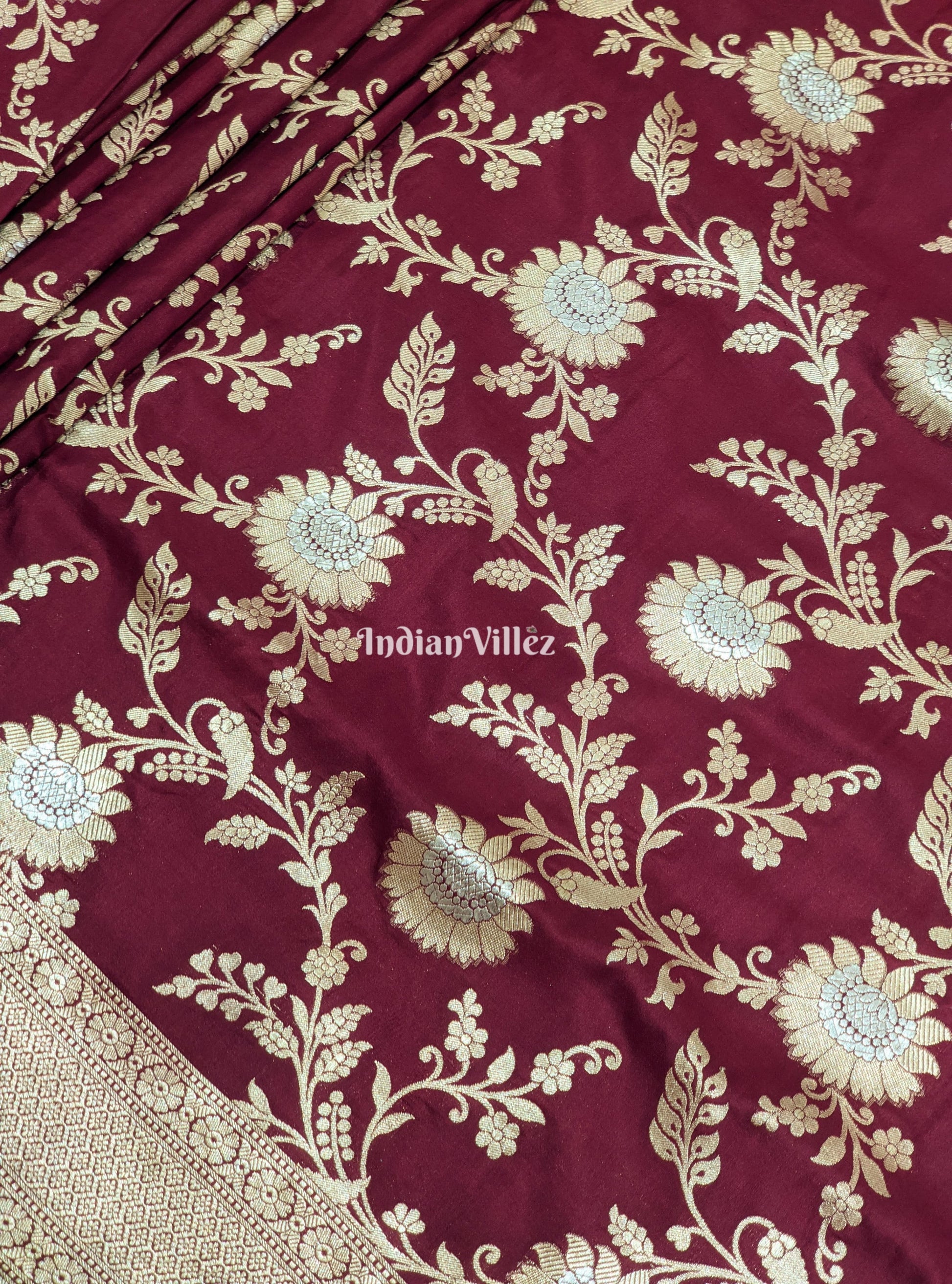 Wine Floral Motif Designer Banarasi Katan Silk Saree